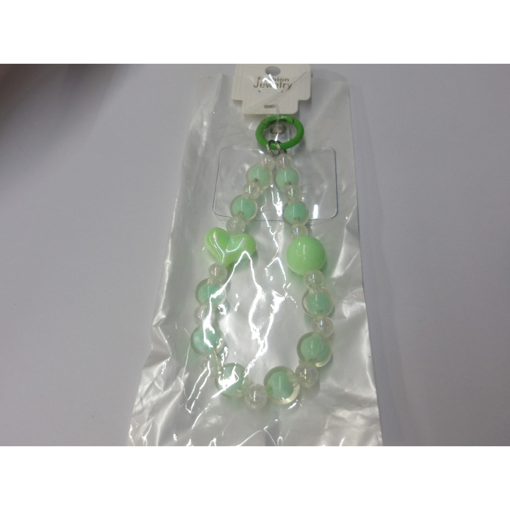 Mint Green Beaded Phone Strap Heart Charm Iridescent‎ Wristlet / #26690